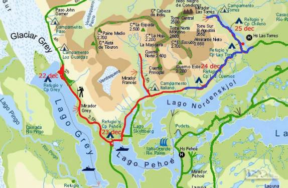Mapa do famoso circuito W no parque Torres del Paine, no sul do Chile. No 1o dia (em azul), saímos da Hospedaria Las Torres, seguimos até o Mirador Las Torres, regressamos pelo mesmo caminho e continuamos até o Acampamento Los Cuernos. Total: 30 km